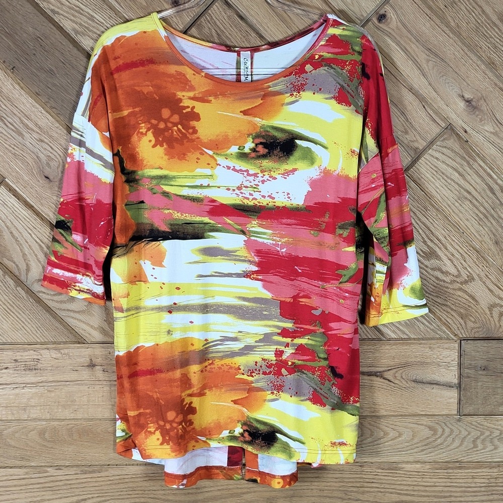 Cubism Abstract Floral Button Back Top Women Medium 3/4 Sleeve Multi-Color
